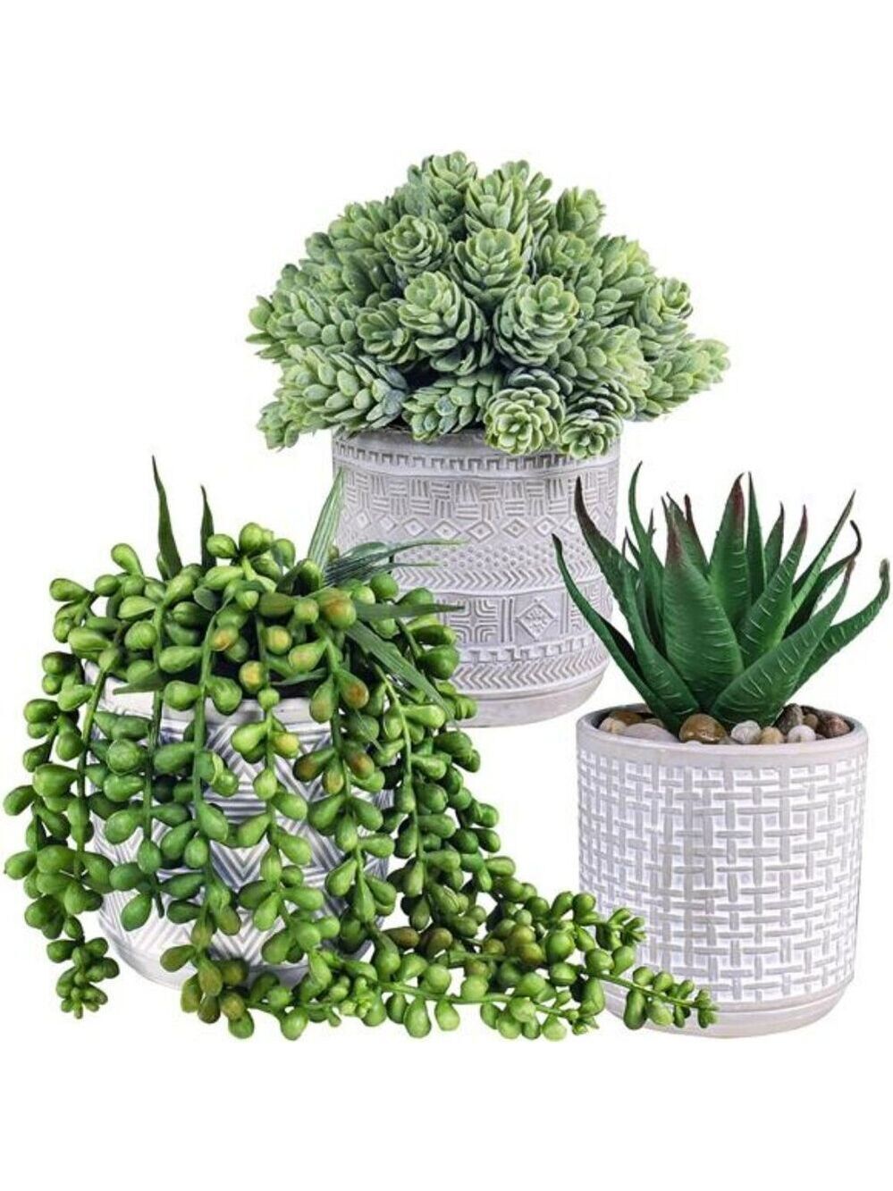 Set of 3 small artificial succulent potted plants faux greenery home office deco